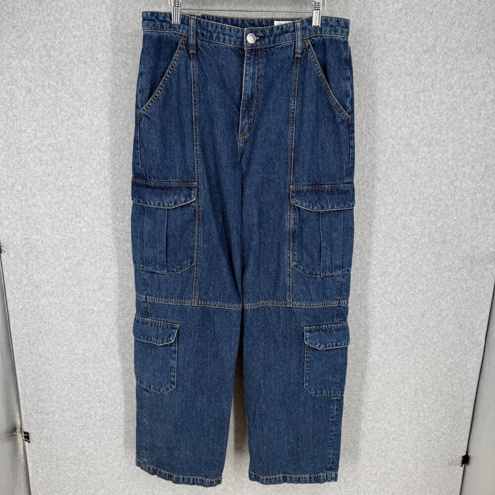 Rag Bone Cailyn Cargo Mid Rise Wide Leg Jeans Size 29 Ari Indigo Rigid Denim